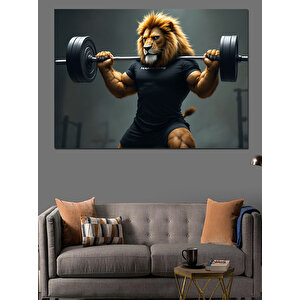 Gym Ağırlık Çalışan Aslan Dekoratif Kanvas - Mdf Ahşap Tablo 100x140 cm