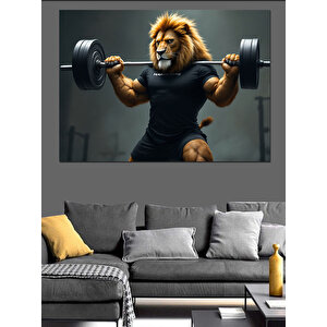 Gym Ağırlık Çalışan Aslan Dekoratif Kanvas - Mdf Ahşap Tablo 100x140 cm