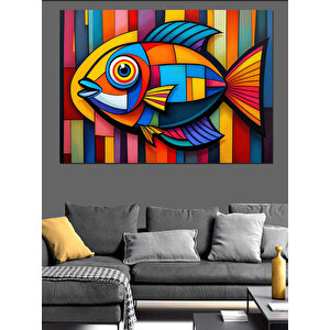 Soyut Çizgili Balık Dekoratif Kanvas - Mdf Ahşap Tablo 70x100 cm