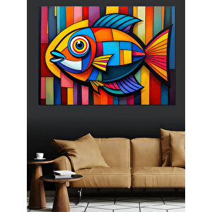 Soyut Çizgili Balık Dekoratif Kanvas - Mdf Ahşap Tablo 70x100 cm