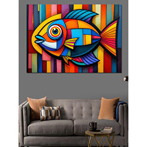 Soyut Çizgili Balık Dekoratif Kanvas - Mdf Ahşap Tablo