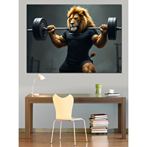 Gym Ağırlık Çalışan Aslan Dekoratif Kanvas - Mdf Ahşap Tablo 70x100 cm