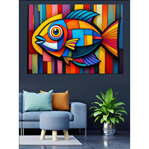 Soyut Çizgili Balık Dekoratif Kanvas - Mdf Ahşap Tablo