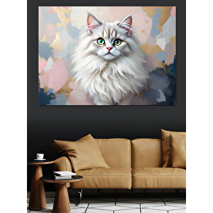 Kabarık Beyaz Kedi Portresi Dekoratif Kanvas - Mdf Ahşap Tablo 50x70 cm