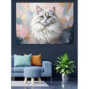 Kabarık Beyaz Kedi Portresi Dekoratif Kanvas - Mdf Ahşap Tablo 25x35 cm