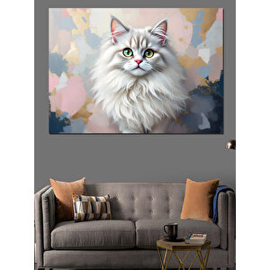 Kabarık Beyaz Kedi Portresi Dekoratif Kanvas - Mdf Ahşap Tablo 25x35 cm