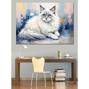 Beyaz Tüylü Zarif Kedi Dekoratif Kanvas - Mdf Ahşap Tablo 50x70 cm