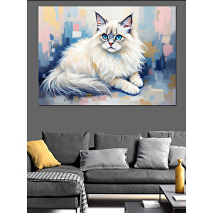 Beyaz Tüylü Zarif Kedi Dekoratif Kanvas - Mdf Ahşap Tablo 70x100 cm