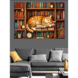 Kütüphane Ve Uyuyan Kedi Dekoratif Kanvas - Mdf Ahşap Tablo 25x35 cm