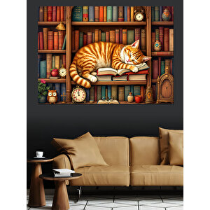 Kütüphane Ve Uyuyan Kedi Dekoratif Kanvas - Mdf Ahşap Tablo 25x35 cm