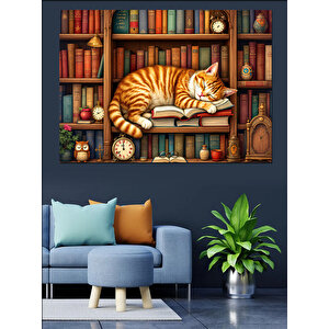 Kütüphane Ve Uyuyan Kedi Dekoratif Kanvas - Mdf Ahşap Tablo 25x35 cm