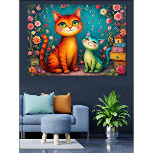 Renkli Kedi Ve Yavru Dekoratif Kanvas - Mdf Ahşap Tablo 50x70 cm