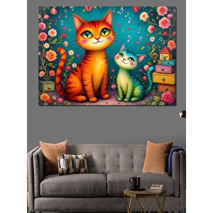 Renkli Kedi Ve Yavru Dekoratif Kanvas - Mdf Ahşap Tablo 50x70 cm
