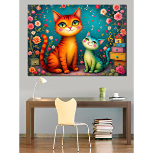 Renkli Kedi Ve Yavru Dekoratif Kanvas - Mdf Ahşap Tablo 50x70 cm