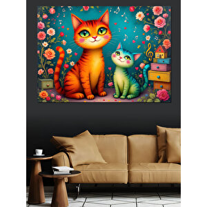 Renkli Kedi Ve Yavru Dekoratif Kanvas - Mdf Ahşap Tablo
