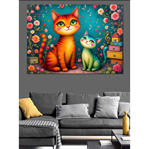 Renkli Kedi Ve Yavru Dekoratif Kanvas - Mdf Ahşap Tablo