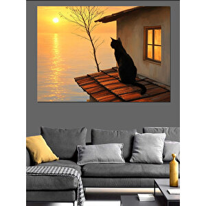 Günbatımı Ve Kedi Dekoratif Kanvas - Mdf Ahşap Tablo 35x50 cm