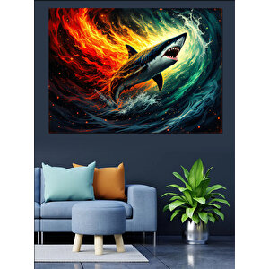 Alevler İçinde Yırtıcı Köpek Balığı Dekoratif Kanvas - Mdf Ahşap Tablo 70x100 cm