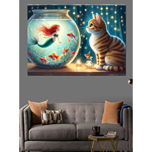 Balık Akvaryumu Deniz Kızı Ve Kedi Dekoratif Kanvas - Mdf Ahşap Tablo 100x140 cm
