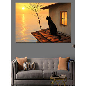 Günbatımı Ve Kedi Dekoratif Kanvas - Mdf Ahşap Tablo 100x140 cm
