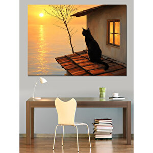 Günbatımı Ve Kedi Dekoratif Kanvas - Mdf Ahşap Tablo 100x140 cm
