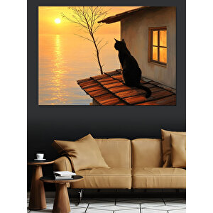 Günbatımı Ve Kedi Dekoratif Kanvas - Mdf Ahşap Tablo