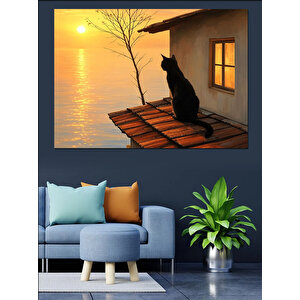 Günbatımı Ve Kedi Dekoratif Kanvas - Mdf Ahşap Tablo