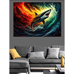 Alevler İçinde Yırtıcı Köpek Balığı Dekoratif Kanvas - Mdf Ahşap Tablo