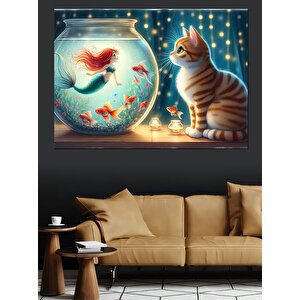 Balık Akvaryumu Deniz Kızı Ve Kedi Dekoratif Kanvas - Mdf Ahşap Tablo 35x50 cm