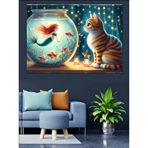 Balık Akvaryumu Deniz Kızı Ve Kedi Dekoratif Kanvas - Mdf Ahşap Tablo 35x50 cm