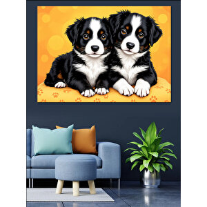 Sevimli İki Köpek Yavrusu Dekoratif Kanvas - Mdf Ahşap Tablo 25x35 cm