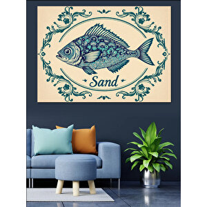 Vintage Mavi Balık Çizimi Dekoratif Kanvas - Mdf Ahşap Tablo
