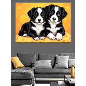 Sevimli İki Köpek Yavrusu Dekoratif Kanvas - Mdf Ahşap Tablo 100x140 cm