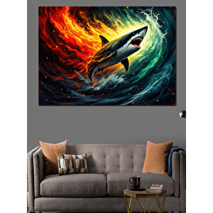 Alevler İçinde Yırtıcı Köpek Balığı Dekoratif Kanvas - Mdf Ahşap Tablo 50x70 cm