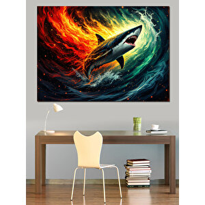 Alevler İçinde Yırtıcı Köpek Balığı Dekoratif Kanvas - Mdf Ahşap Tablo 50x70 cm