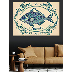 Vintage Mavi Balık Çizimi Dekoratif Kanvas - Mdf Ahşap Tablo 70x100 cm