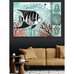 Turkuaz Mercanlı Balık Deseni Dekoratif Kanvas - Mdf Ahşap Tablo 50x70 cm