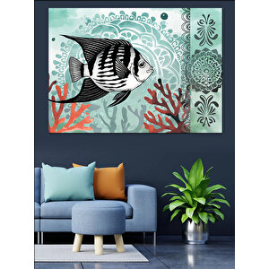 Turkuaz Mercanlı Balık Deseni Dekoratif Kanvas - Mdf Ahşap Tablo 50x70 cm
