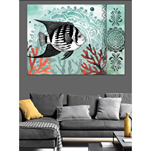 Turkuaz Mercanlı Balık Deseni Dekoratif Kanvas - Mdf Ahşap Tablo