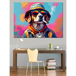 Şapkalı Renkli Köpek Dekoratif Kanvas - Mdf Ahşap Tablo 50x70 cm