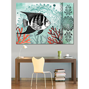 Turkuaz Mercanlı Balık Deseni Dekoratif Kanvas - Mdf Ahşap Tablo