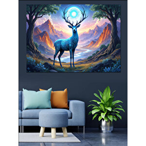 Dağlarda Işık Alan Geyik Dekoratif Kanvas - Mdf Ahşap Tablo 100x140 cm