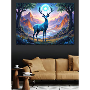 Dağlarda Işık Alan Geyik Dekoratif Kanvas - Mdf Ahşap Tablo