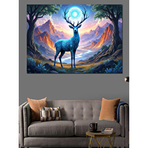 Dağlarda Işık Alan Geyik Dekoratif Kanvas - Mdf Ahşap Tablo 70x100 cm