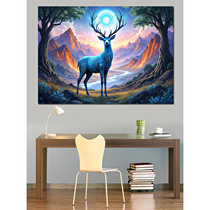 Dağlarda Işık Alan Geyik Dekoratif Kanvas - Mdf Ahşap Tablo 70x100 cm