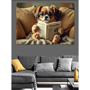 Gazete Okuyan Sevimli Köpek Dekoratif Kanvas - Mdf Ahşap Tablo 35x50 cm