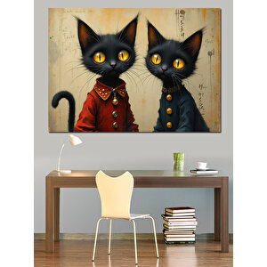 Siyah Gözlü İki Kedi Dekoratif Kanvas - Mdf Ahşap Tablo 70x100 cm