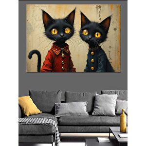 Siyah Gözlü İki Kedi Dekoratif Kanvas - Mdf Ahşap Tablo 70x100 cm