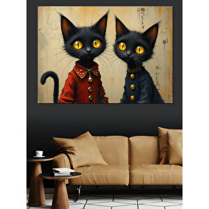 Siyah Gözlü İki Kedi Dekoratif Kanvas - Mdf Ahşap Tablo 70x100 cm