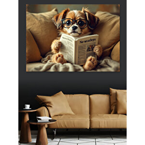 Gazete Okuyan Sevimli Köpek Dekoratif Kanvas - Mdf Ahşap Tablo
